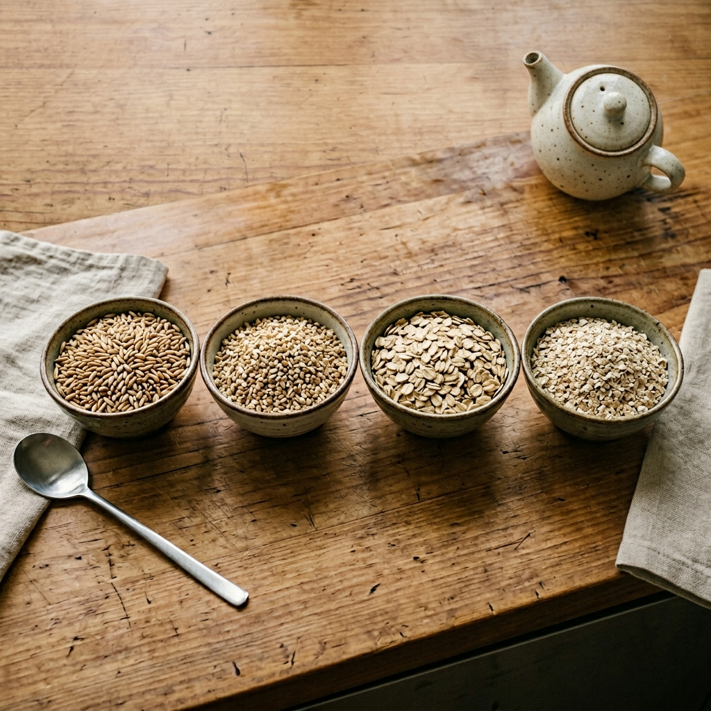 가공 단계별로 나란히 담긴 귀리 오트밀 고르는법 비교 이미지
