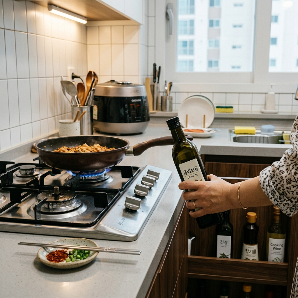 가스레인지 옆에서 찬장으로 올리브유를 옮기는 한국 주방 장면
