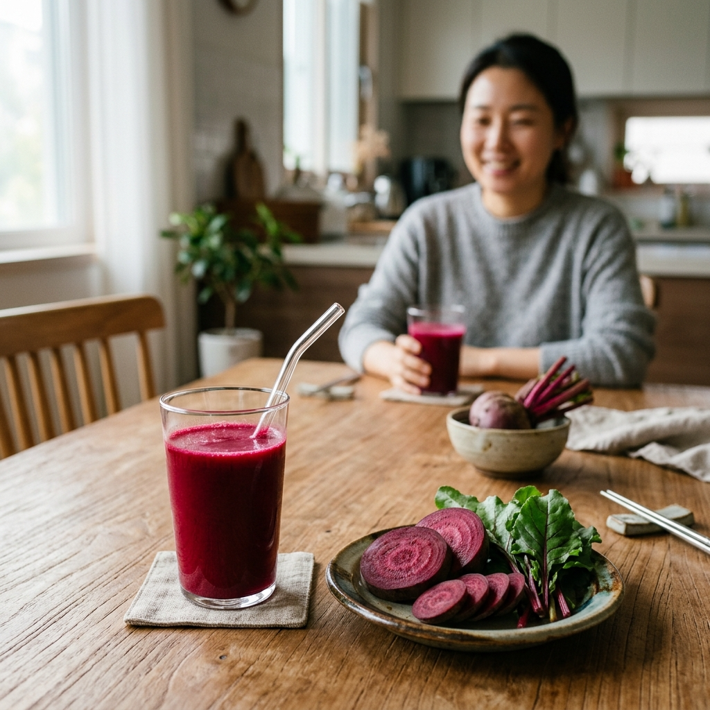 갓 짜낸 비트즙 한 잔과 슬라이스한 생비트가 놓인 한국식 식탁