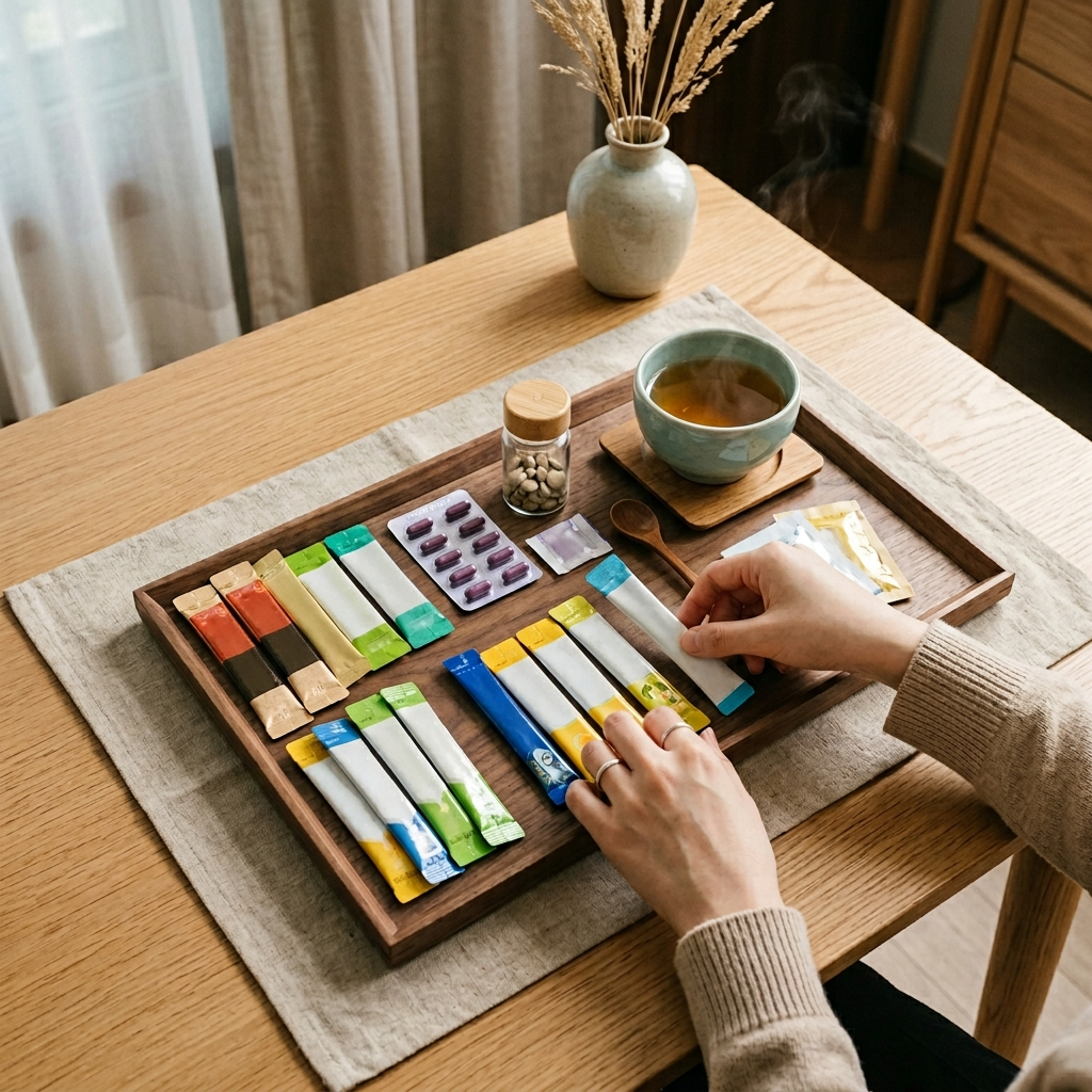 개별포장된 유산균 스틱과 블리스터 포장을 정리하는 손