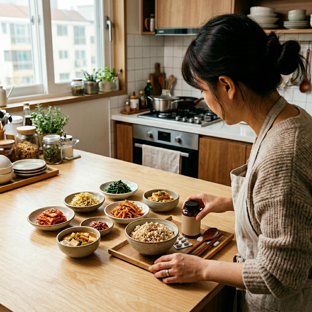 건강한 한식 식단과 함께 유산균 영양제를 준비하는 모습