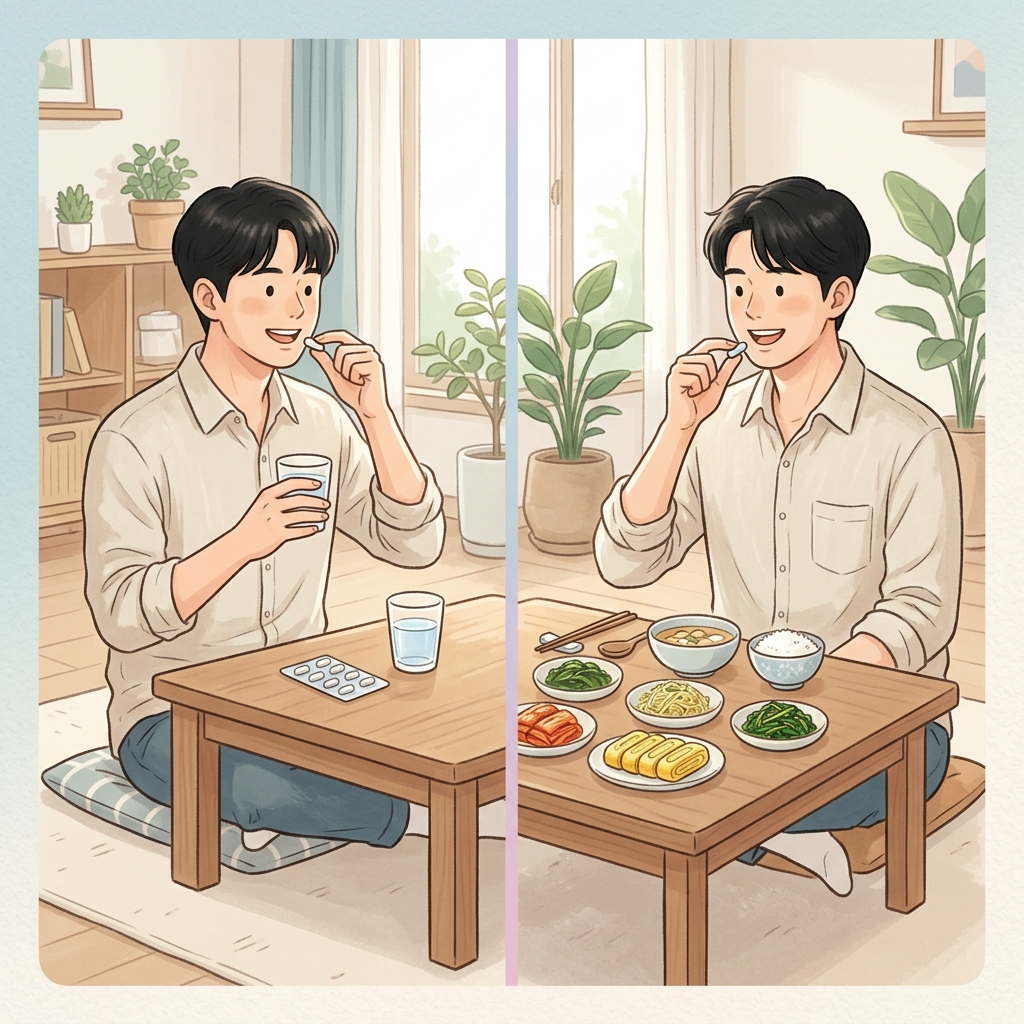 공복과 식후 유산균 복용 상황을 비교한 일러스트