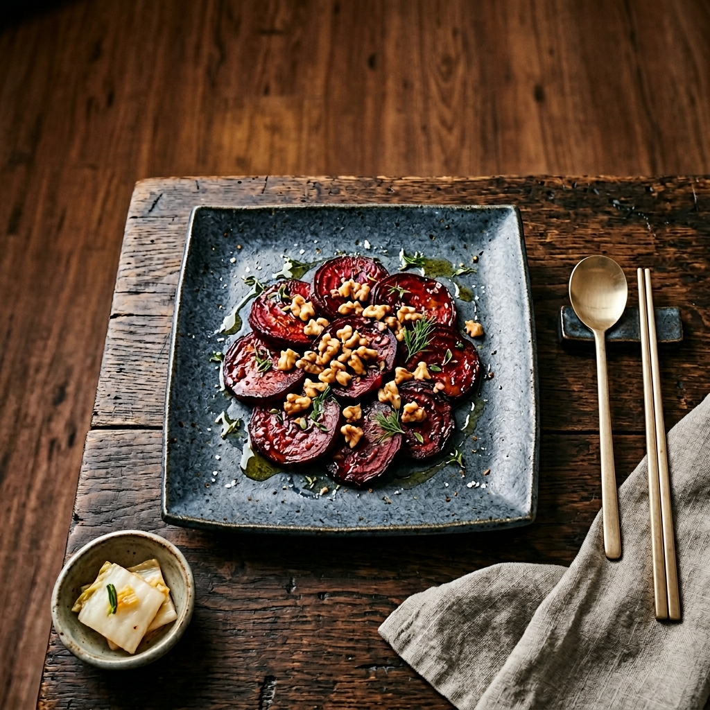 구운 비트 위에 호두와 올리브오일을 올린 한식풍 플레이팅