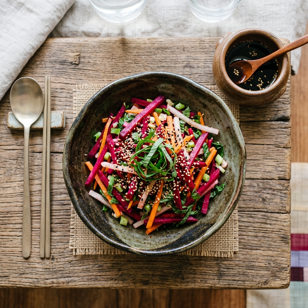깨소금과 깻잎을 올린 한국식 비트 샐러드를 도자기 그릇에 담은 모습
