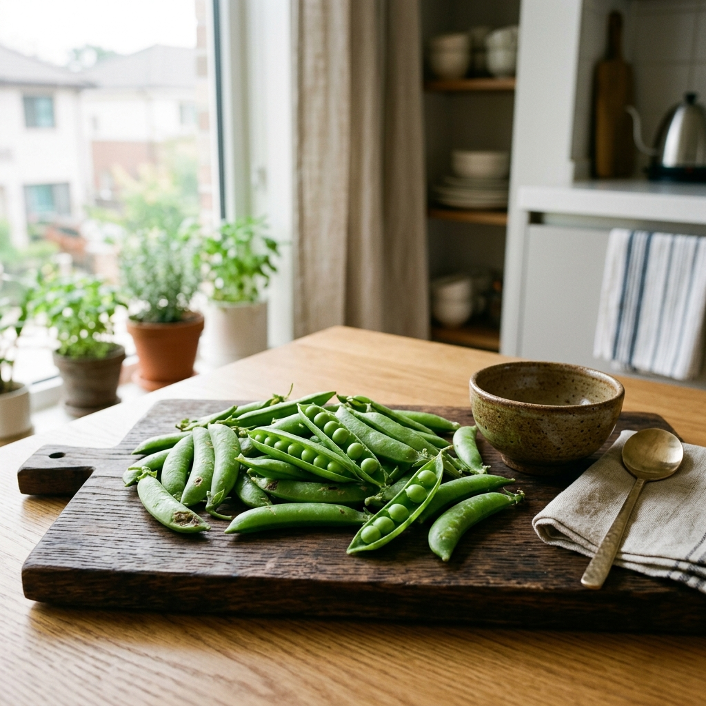꼬투리가 싱싱한 제철 완두콩을 도마 위에 펼쳐놓은 모습