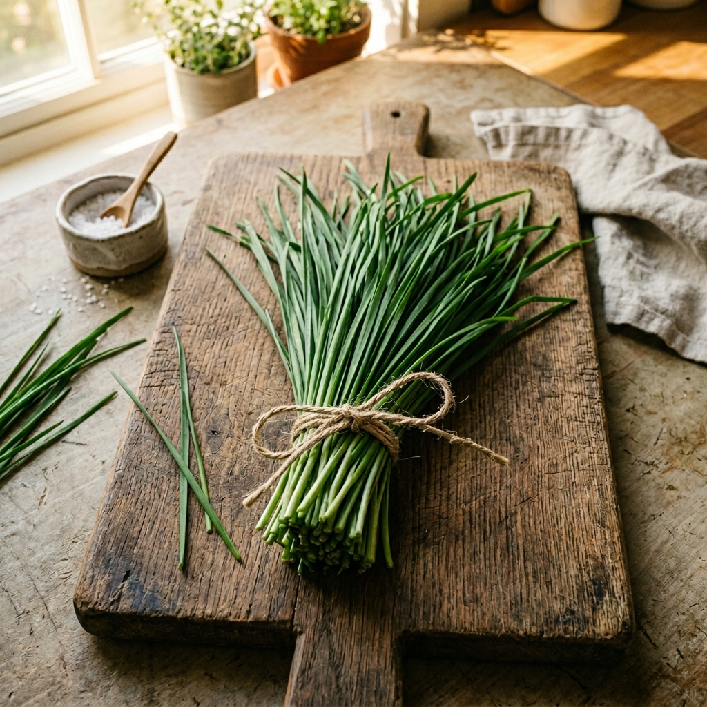 나무-도마-위에-놓인-신선한-부추-한-단