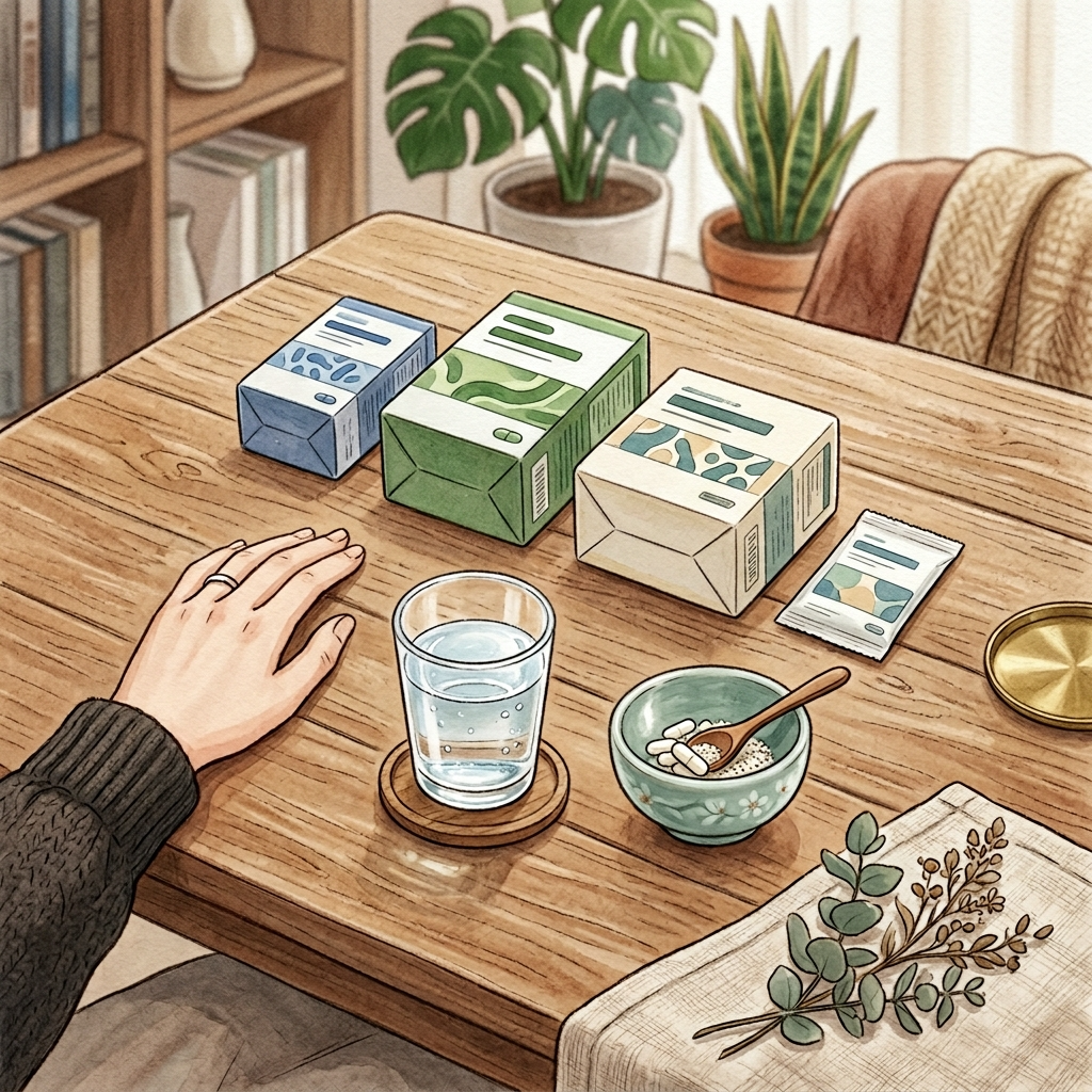 다양한 용량의 유산균 제품들이 한국식 나무 식탁 위에 놓인 모습