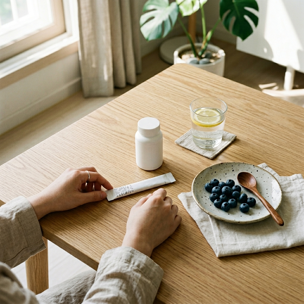 다양한 유산균 제품과 물, 과일이 함께 놓인 한국식 식탁