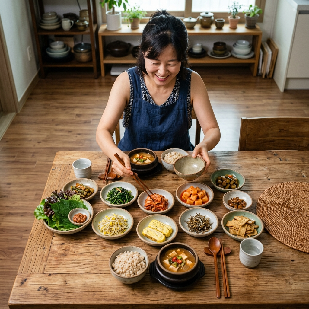유산균 김치로 충분한가, 매일 먹어도 부족할 수 있는 이유 4 다양한 한국 발효식품을 식탁에 차린 한국 여성의 식사 준비 장면