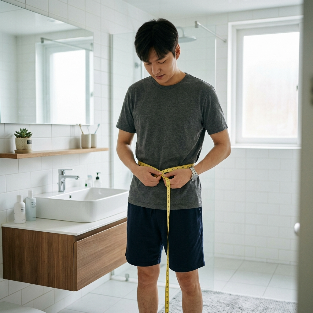 다이어트 유산균 복용 후 허리둘레를 측정하는 한국 남성