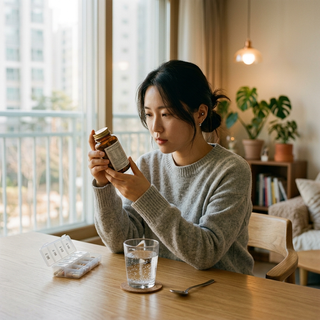 다이어트 유산균 효과 성분표를 확인하는 한국 여성의 모습