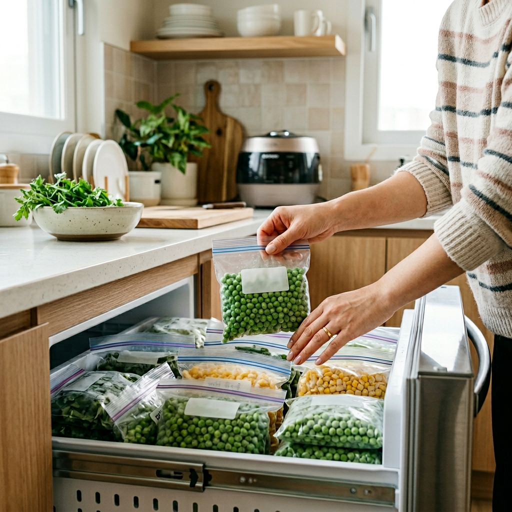완두콩 보관법, 제철에 사서 1년 내내 먹는 확실한 방법 3 데친 완두콩을 소분하여 지퍼백에 넣고 냉동실에 정리하는 모습
