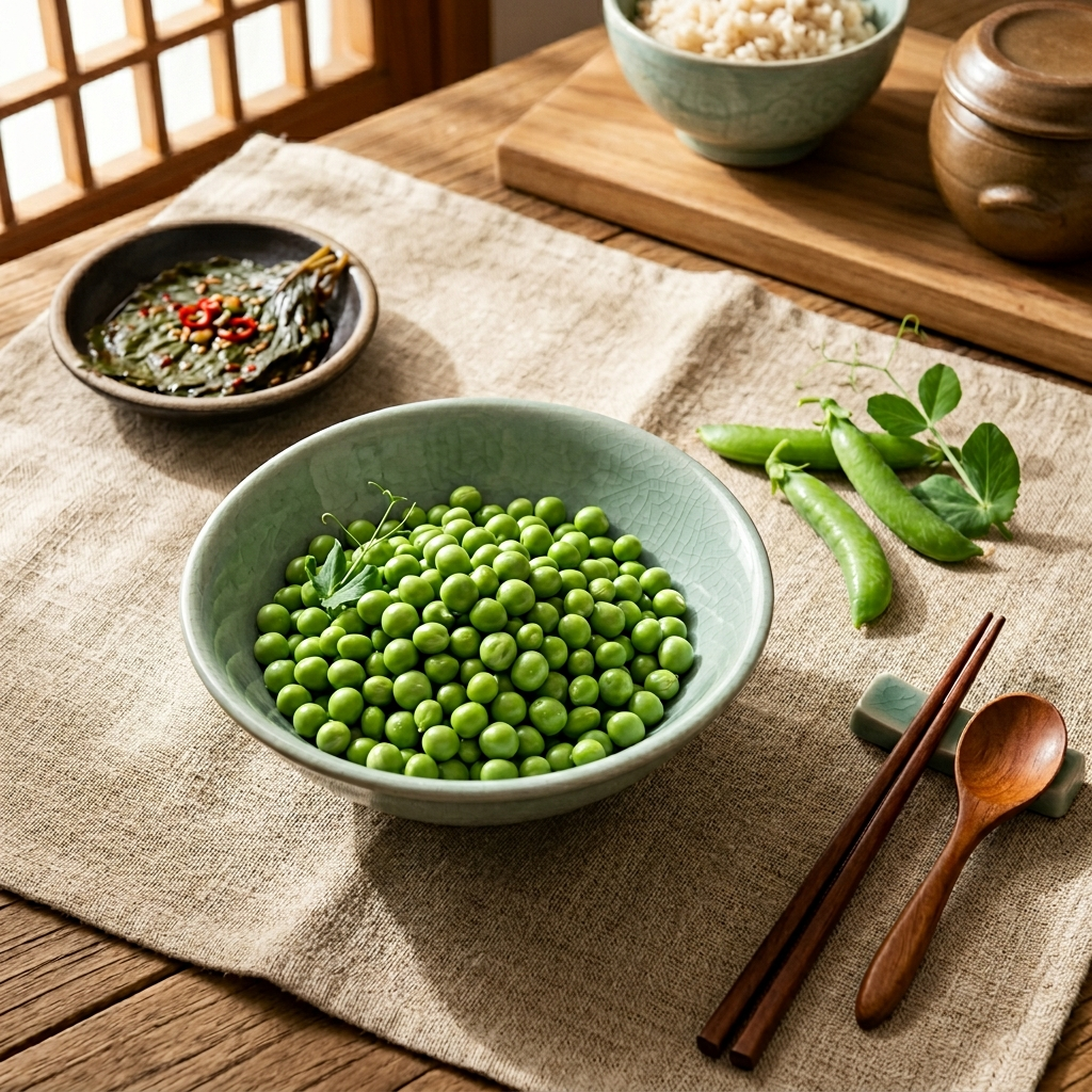 도자기 그릇에 담긴 완두콩 낱알과 옆에 놓인 꼬투리
