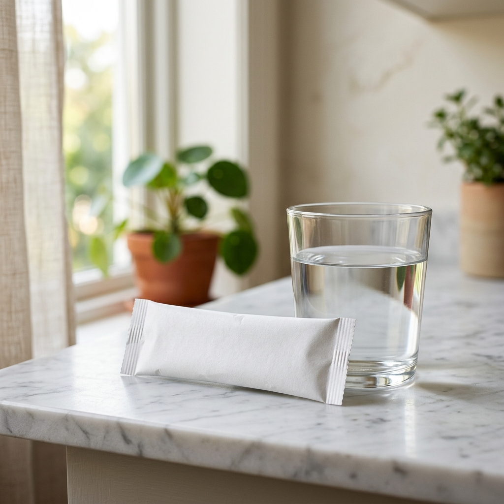 드시모네-4500-먹는법-분말-스틱-포와-미지근한-물이-놓인-아침-식탁