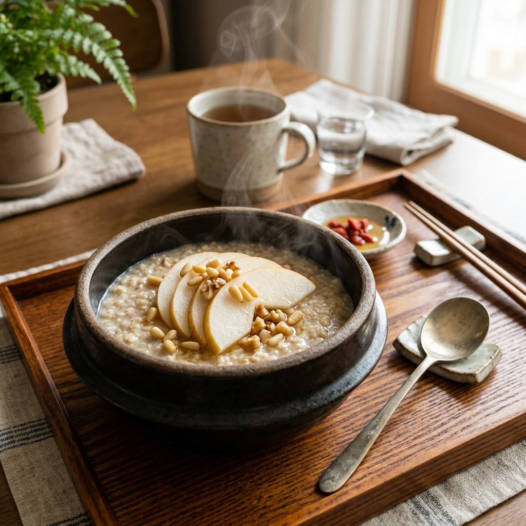 오트밀 성분, 한 그릇에 이만큼 들어 있었다는 게 놀랍다 2 뚝배기에 담긴 따뜻한 오트밀 죽 위에 배와 잣을 올린 한국식 아침 식사