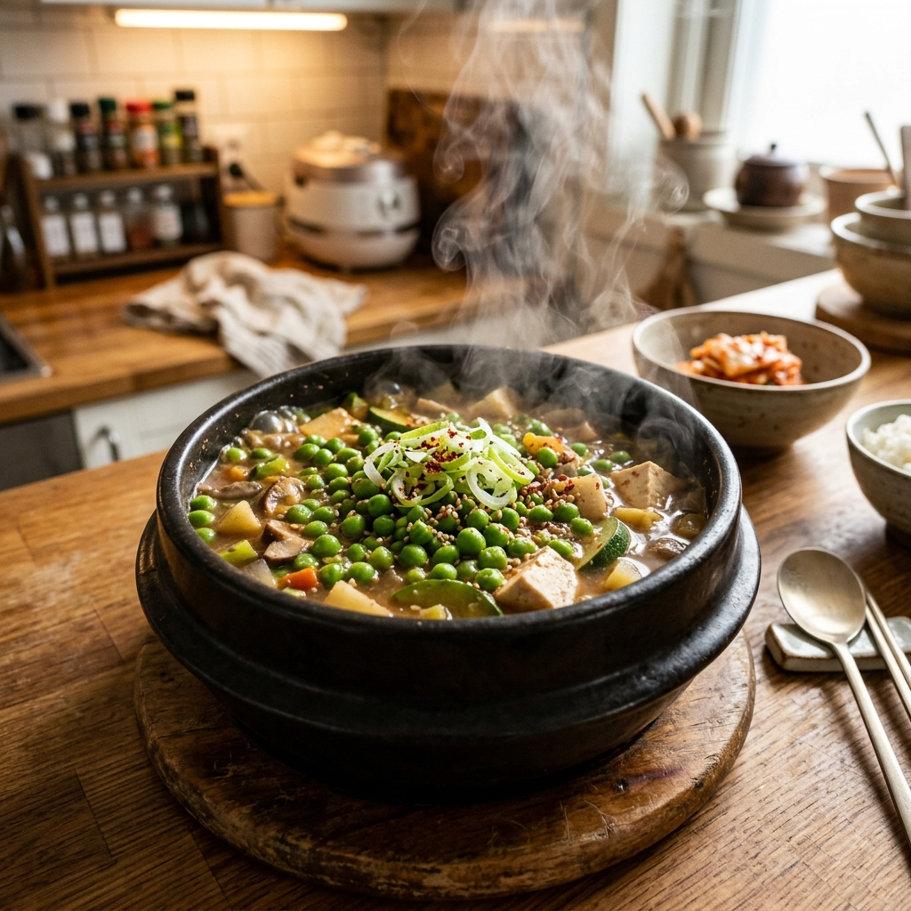 완두콩 효능, 작지만 이 정도일 줄은 정말 몰랐다 4 뚝배기에 담긴 완두콩 야채 찌개와 두부 파 고명