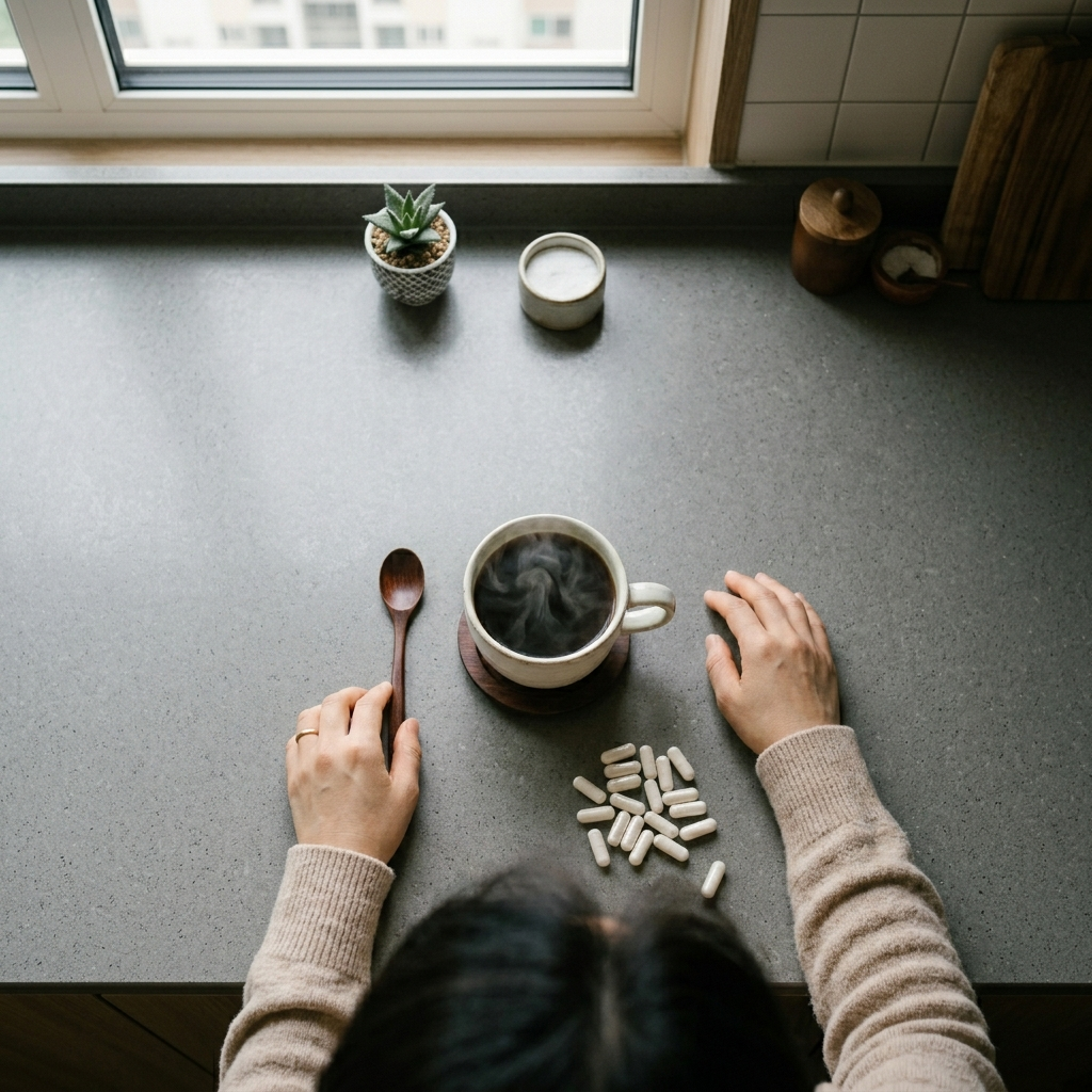 뜨거운 아메리카노에서 피어오르는 김과 그 옆에 놓인 유산균 캡슐