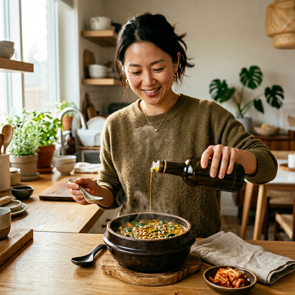 렌틸콩 시금치 수프에 올리브오일을 뿌리는 한국 여성