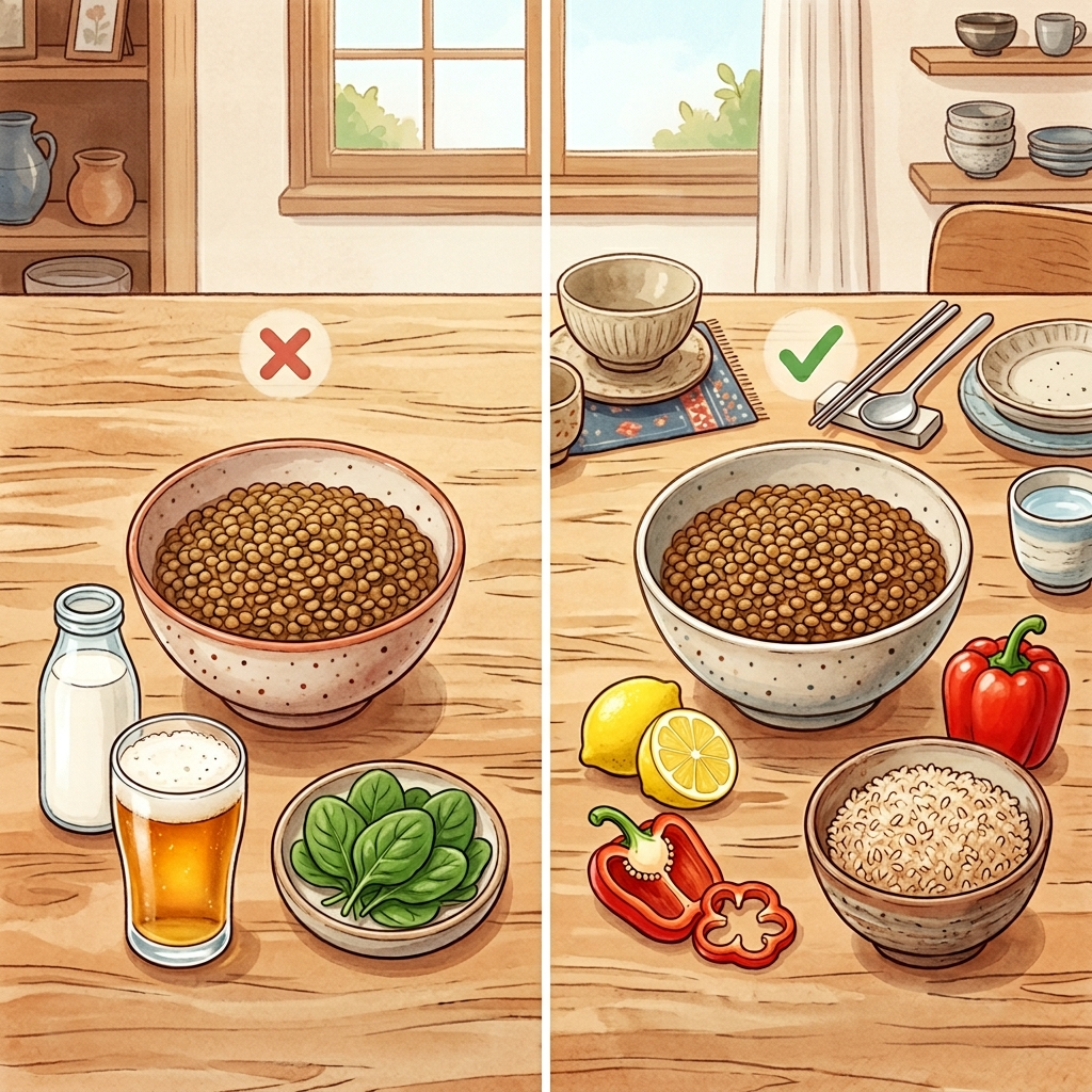 렌틸콩 상극 음식, 모르고 같이 먹으면 영양소가 줄줄 새는 조합 3 렌틸콩과 상극인 음식과 궁합 좋은 음식을 비교한 한국식 식탁 일러스트
