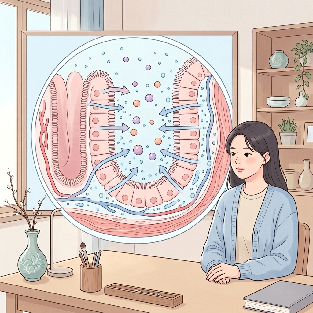 마그네슘 먹으면 설사, 형태를 바꾸면 해결될 수 있다 2 마그네슘이 장에서 수분을 끌어당기는 삼투성 설사 원리 일러스트