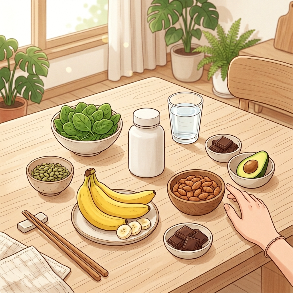 산화마그네슘 변비, 약사도 추천하는 이유와 주의할 점 4 마그네슘이 풍부한 식품과 영양제가 함께 놓인 한국식 식탁 위 구성