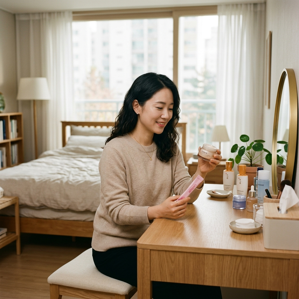 먹는 콜라겐 바르는 콜라겐 차이 제품을 비교하고 있는 한국 여성