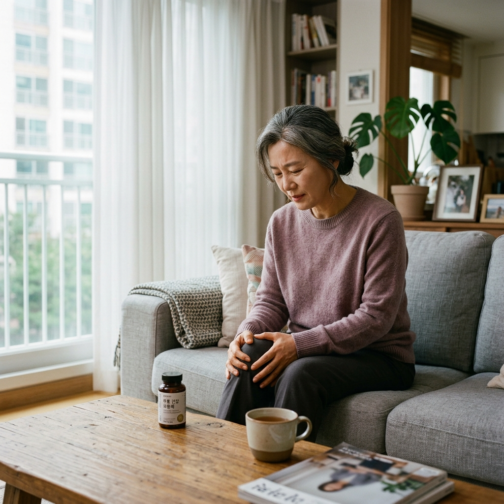 콜라겐 관절 효과, 피부 말고 무릎에도 진짜 도움이 될까 1 무릎 관절 불편함을 느끼며 소파에 앉아 있는 한국 중년 여성과 테이블 위 콜라겐 영양제