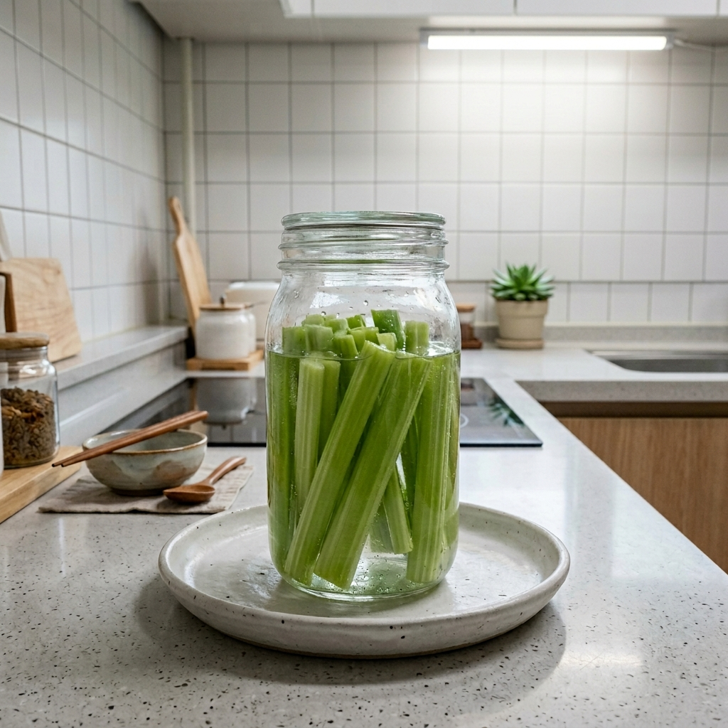 물에 담가 냉장 보관 중인 셀러리 줄기가 유리 밀폐용기에 담긴 모습