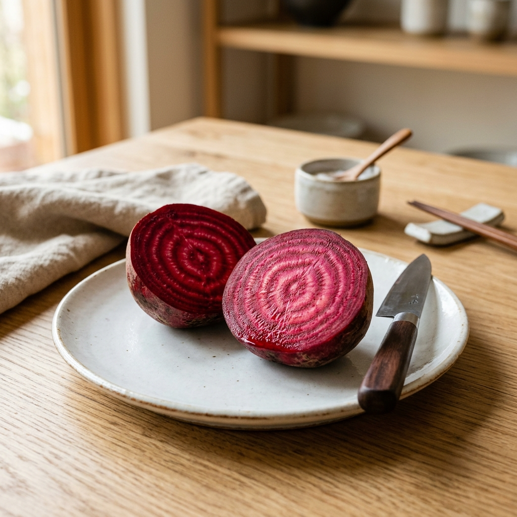 반으로 자른 비트 단면의 선명한 붉은 동심원 무늬