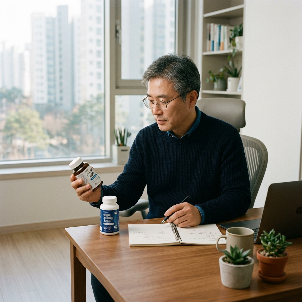 변비에 좋은 유산균 제품을 비교하며 성분표를 확인하는 한국 남성