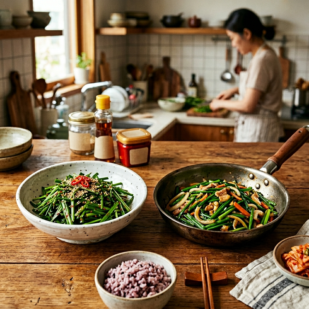 부추 하루 섭취량, 얼마나 먹어야 딱 좋을까 2 부추 무침과 부추 볶음 두 가지 조리법으로 만든 부추 요리