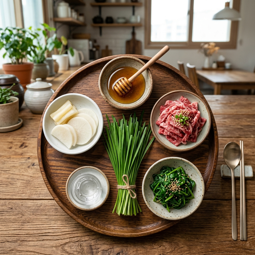 부추와 상극 음식, 모르고 같이 먹으면 속부터 망가진다 3 부추 상극 음식 다섯 가지를 한눈에 보여주는 한국식 상차림