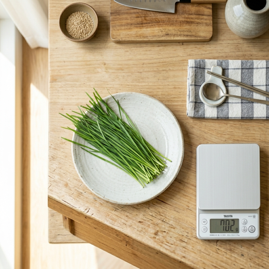 부추 하루 섭취량, 얼마나 먹어야 딱 좋을까 1 부추 하루 섭취량 기준인 70g 한 줌을 흰 도자기 그릇에 담은 모습