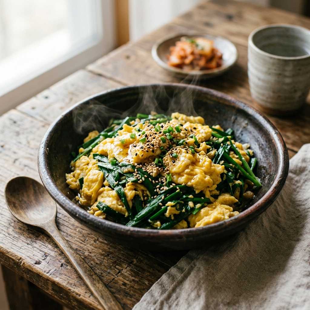 부추달걀볶음이-담긴-도자기-그릇-클로즈업