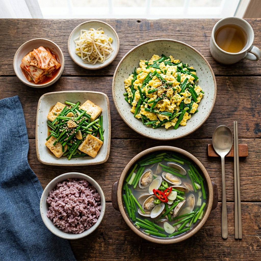 부추와 궁합 좋은 음식, 같이 먹으면 영양이 배가 되는 조합 4 부추를-활용한-다양한-한식-요리가-한-상에-차려진-모습