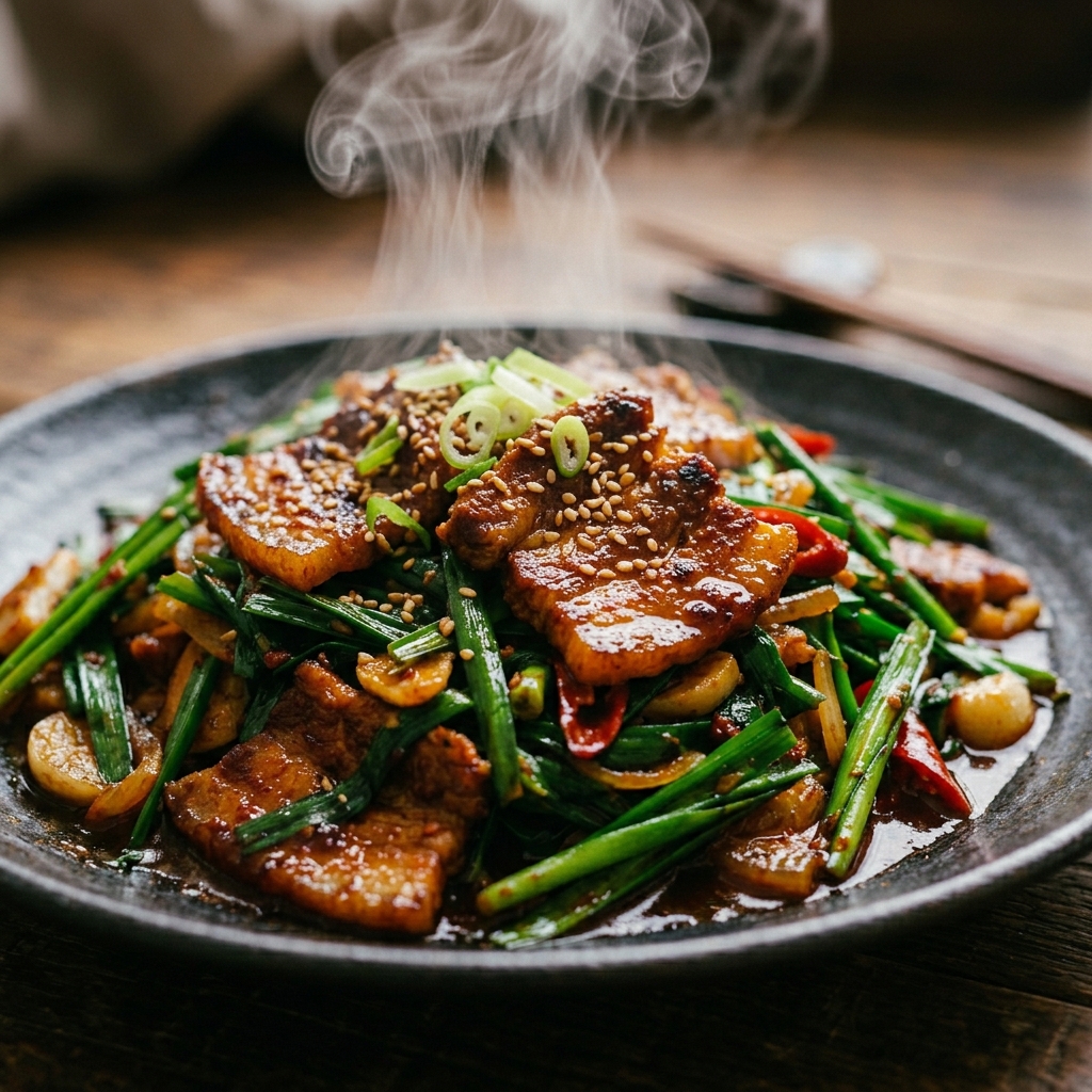 부추와 궁합 좋은 음식, 같이 먹으면 영양이 배가 되는 조합 2 부추와-돼지고기-볶음이-접시에-담긴-모습