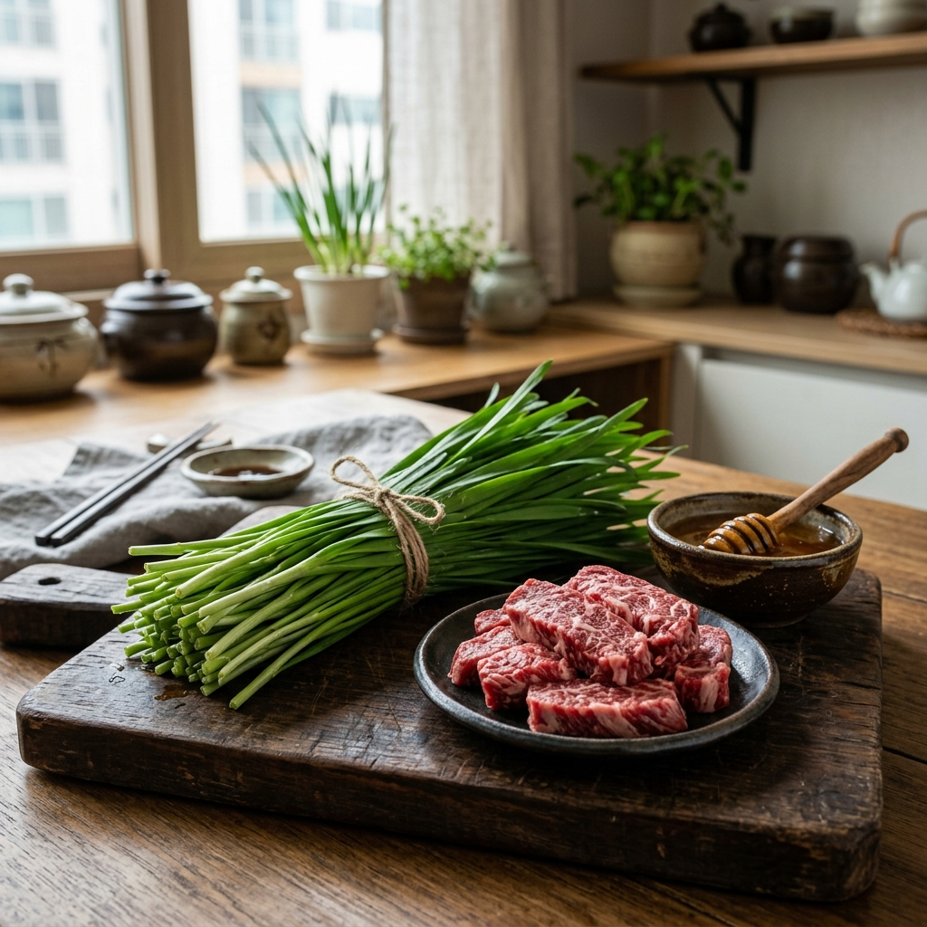 부추와 상극 음식, 모르고 같이 먹으면 속부터 망가진다 1 부추와 상극 음식인 꿀과 쇠고기가 나란히 놓인 한국 주방 모습