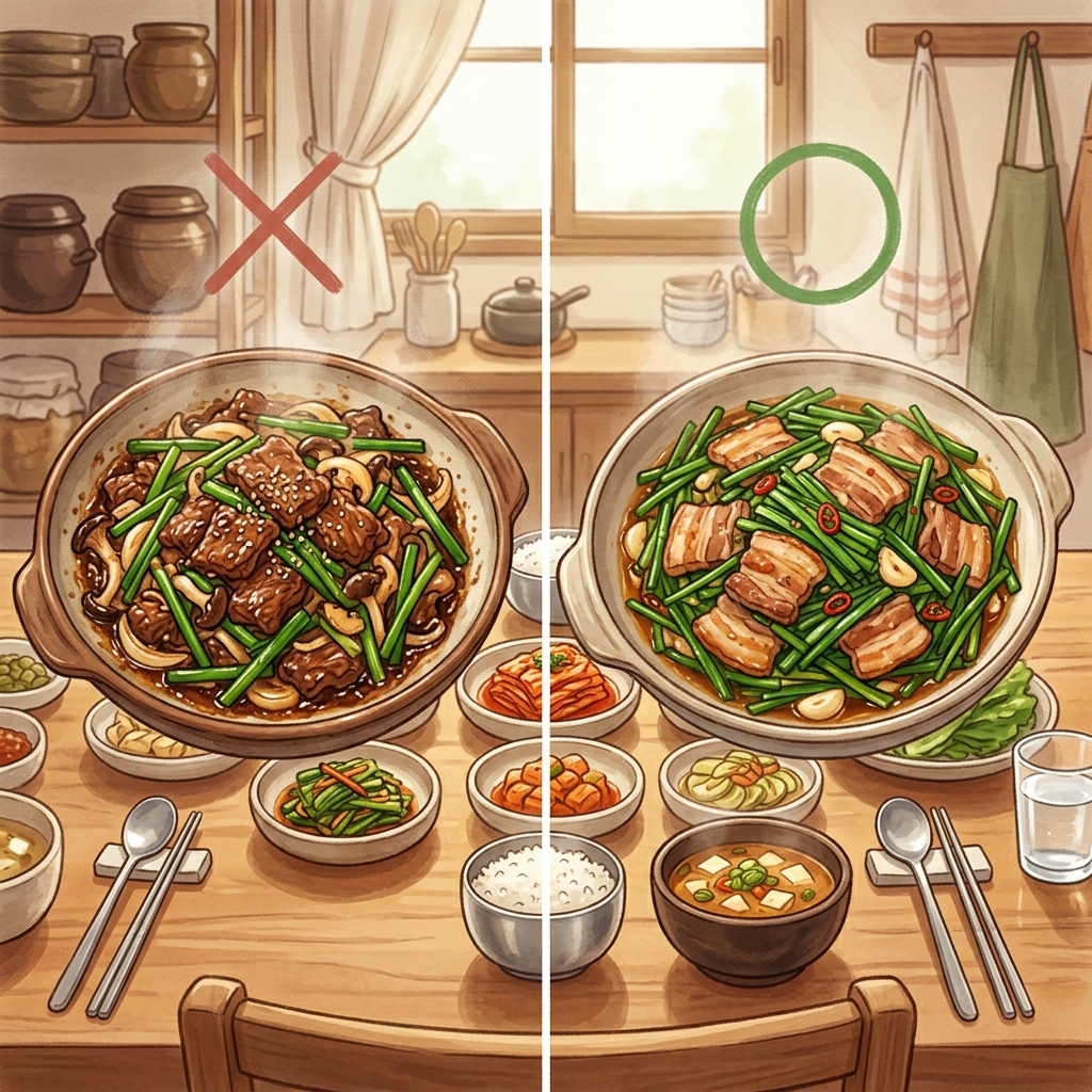 부추와 상극 음식, 모르고 같이 먹으면 속부터 망가진다 2 부추와 쇠고기 상극 조합과 돼지고기 궁합 비교 일러스트