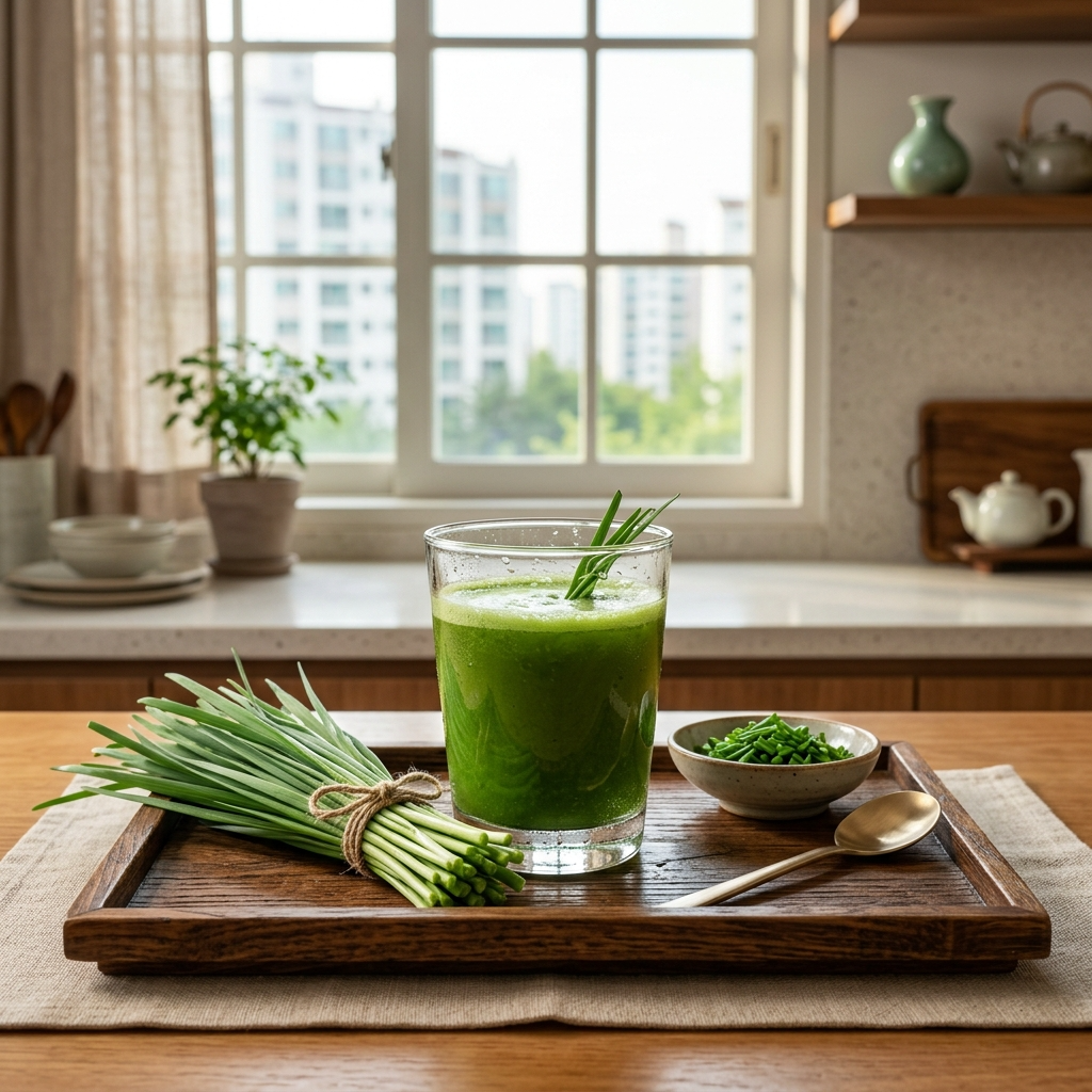 부추 하루 섭취량, 얼마나 먹어야 딱 좋을까 4 부추즙 한 잔과 신선한 생부추를 한국식 나무 쟁반에 올린 모습