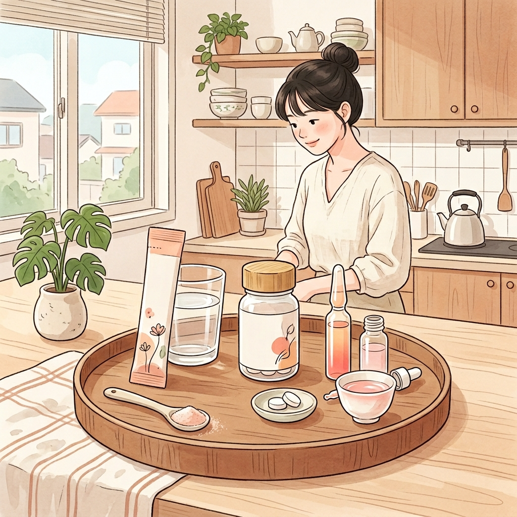 분말·정제·액상 콜라겐 영양제 세 가지 제형 비교 모습
