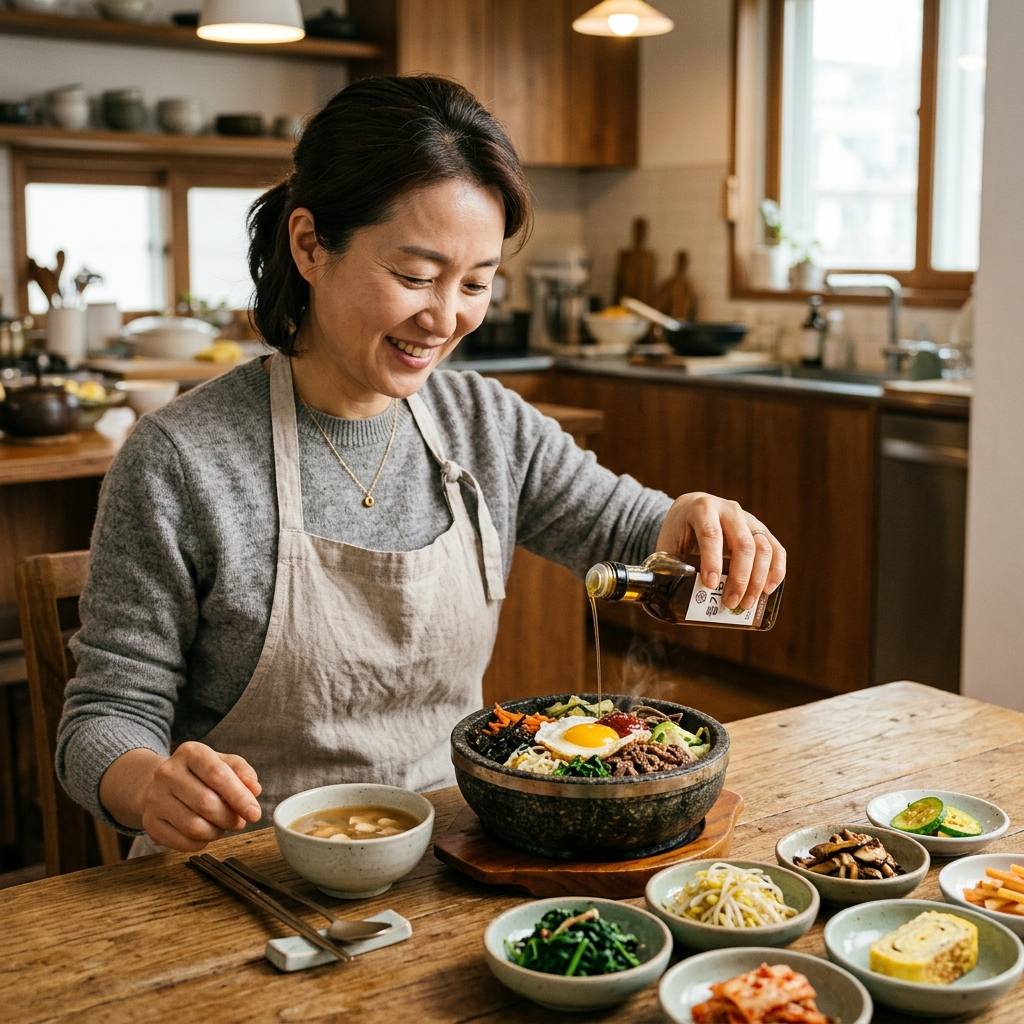들기름 상극 음식, 건강한 기름도 이것과 만나면 독이 됩니다 4 비빔밥 위에 들기름을 마무리로 뿌리는 한국 여성의 모습