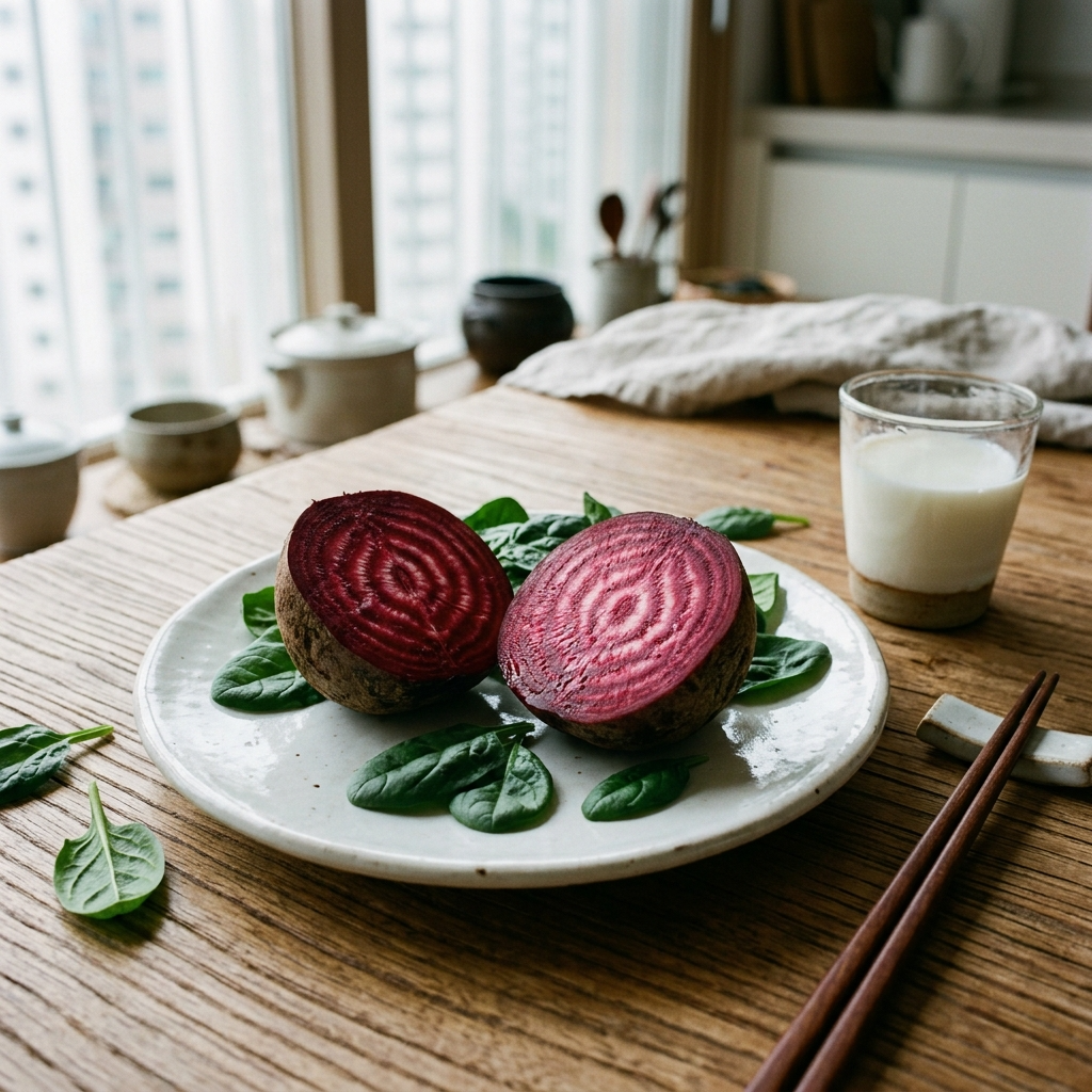 비트 단면과 시금치 우유가 함께 놓인 한국식 식탁 위 상극 음식 조합