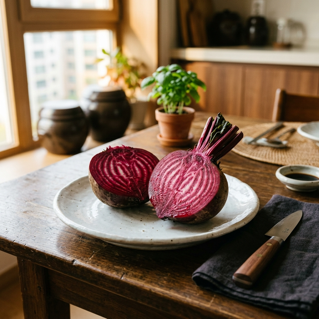 비트 먹는법 혈압 관리를 위해 반으로 자른 신선한 레드비트 단면