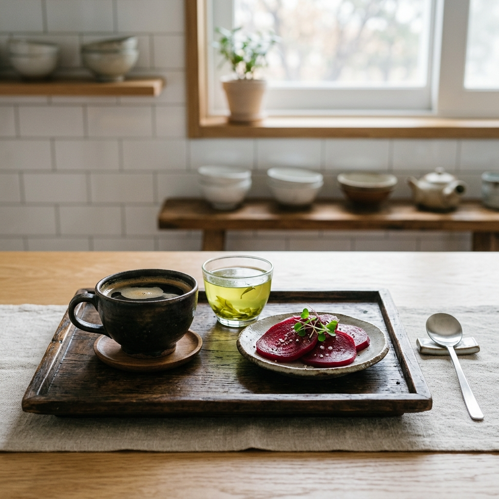 비트 옆에 놓인 커피와 녹차, 타닌이 철분 흡수를 방해하는 비트와 상극 음식 조합