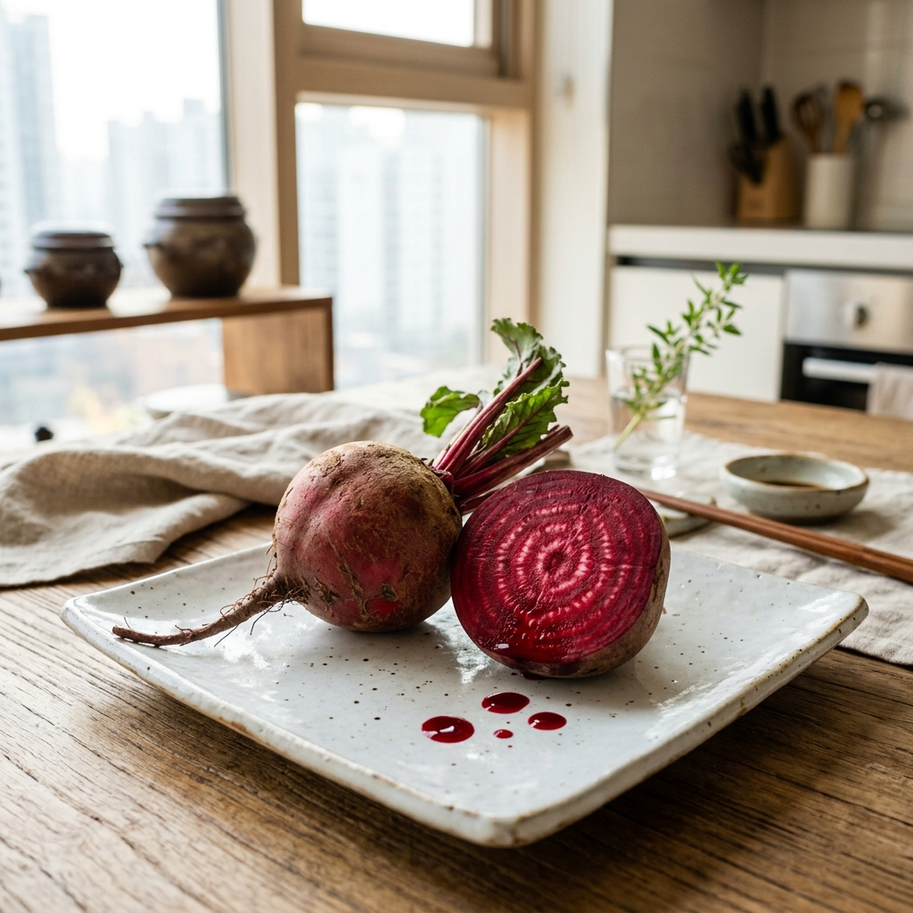 비트 하루 섭취량 참고용 통비트와 반으로 자른 비트 단면