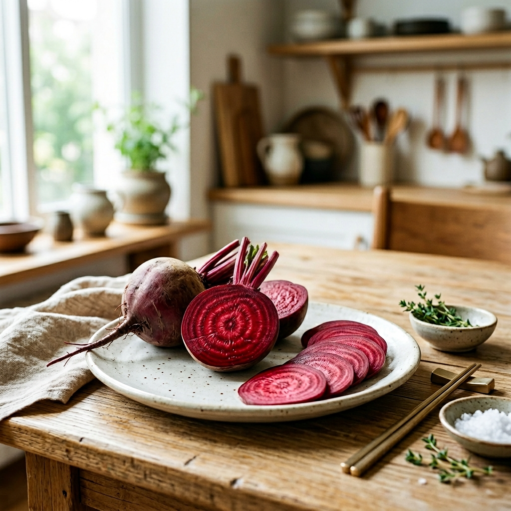 비트 효능을 보여주는 선명한 자홍색 단면의 신선한 비트