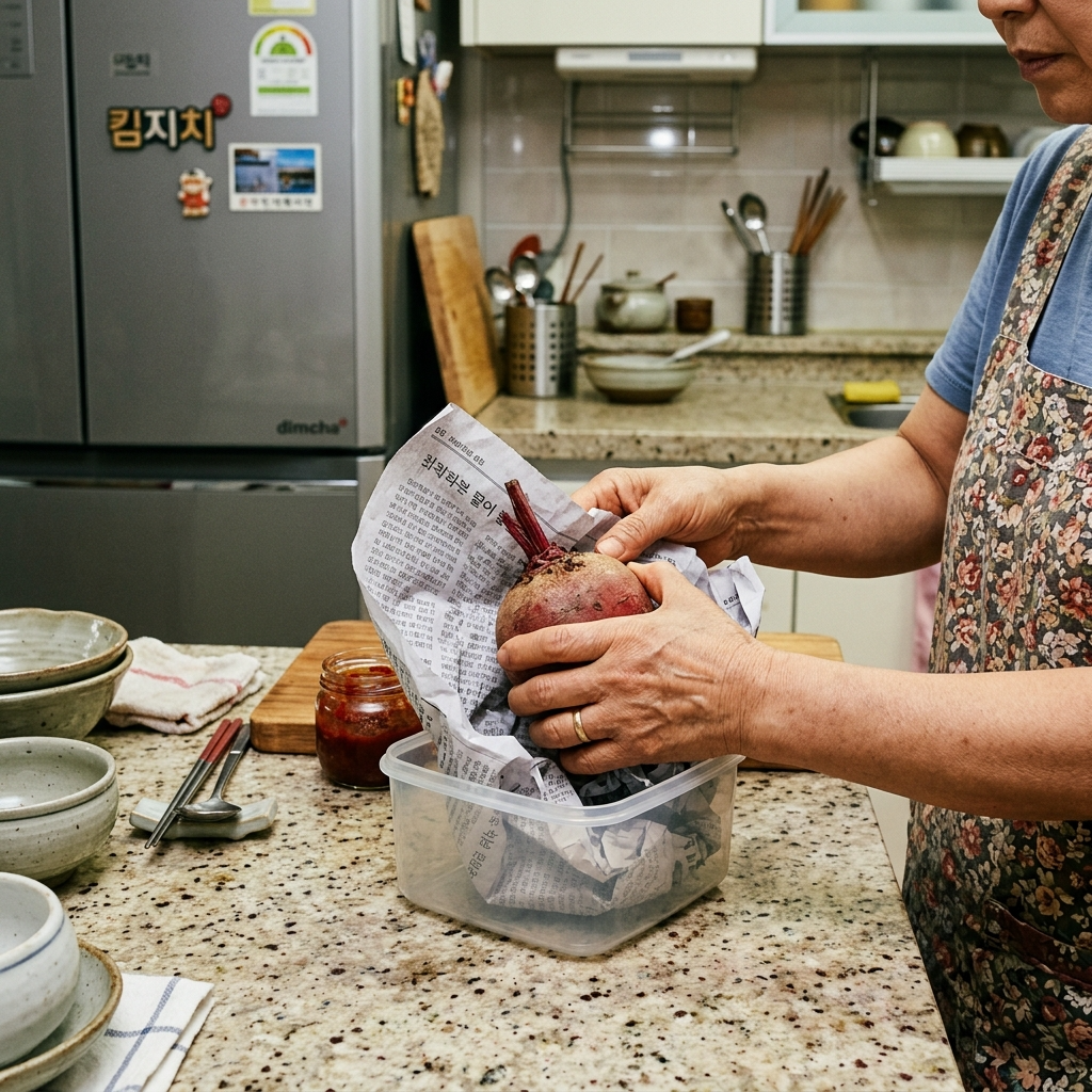 비트를 신문지에 감싸 밀폐 용기에 넣는 비트 냉장 보관법