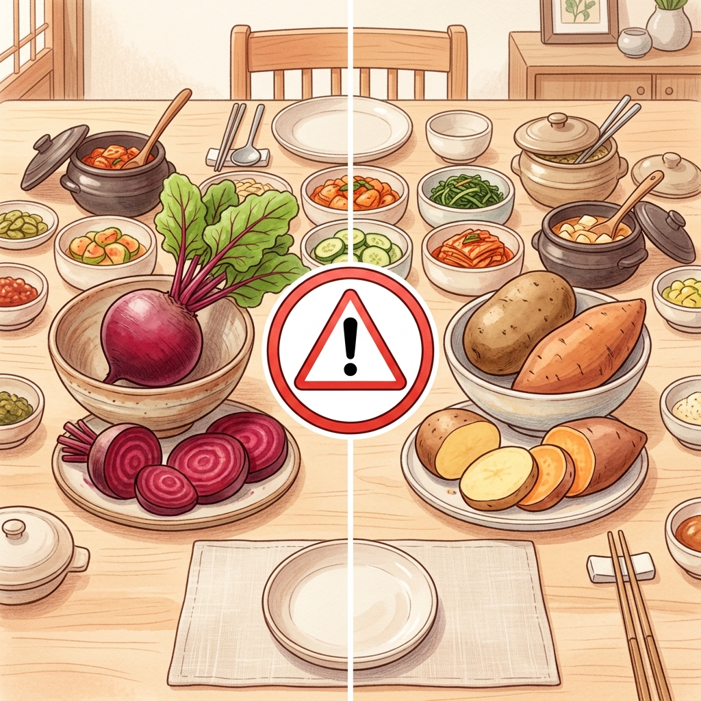 비트와 고구마 감자의 상극 관계를 보여주는 전분 과다 조합 일러스트