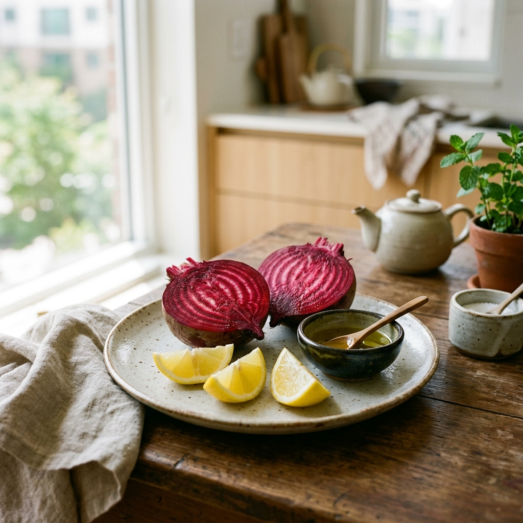 비트와 궁합 좋은 음식 재료인 레몬과 올리브오일이 함께 놓인 모습