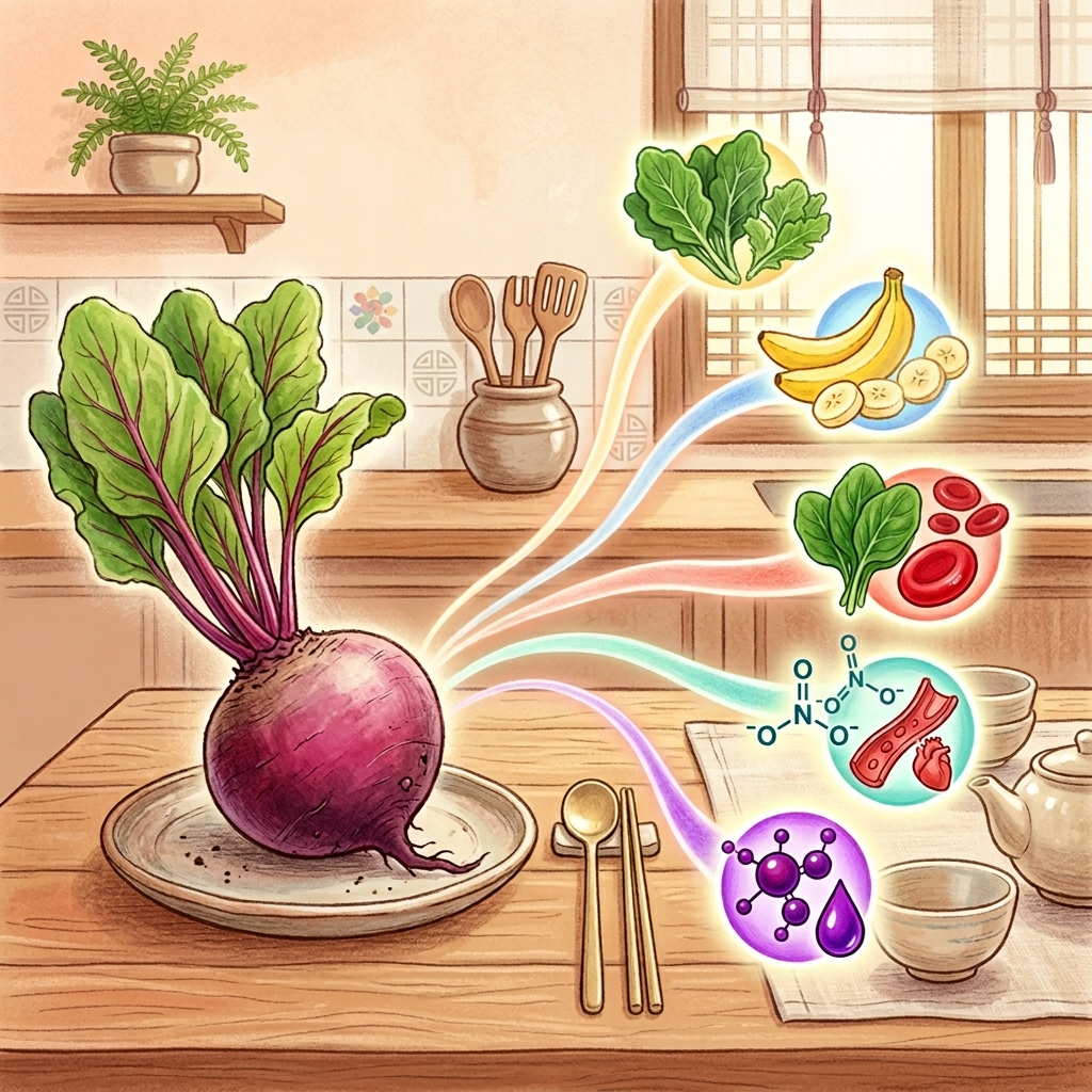 비트의 핵심 영양소인 엽산 칼륨 철분 질산염 베타레인 구성을 보여주는 일러스트